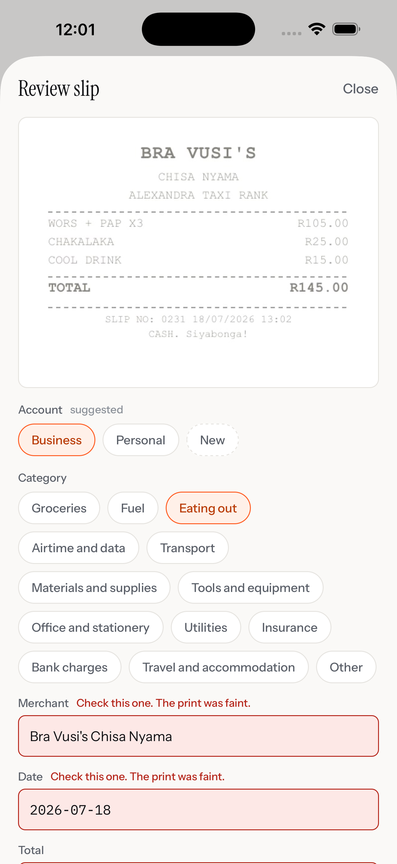 Review: the slip image beside its extracted numbers, doubtful fields flagged
