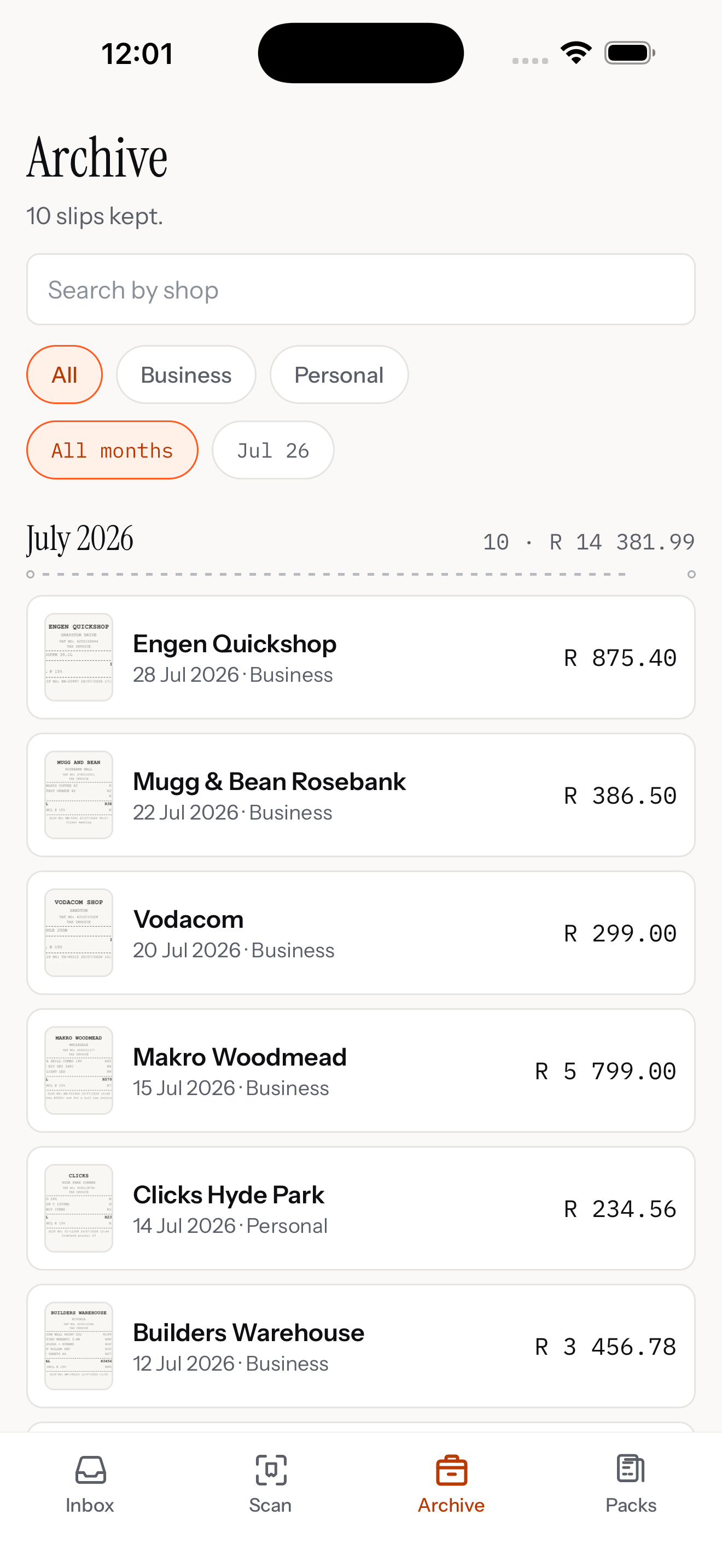 Archive: every month searchable, slips kept for five years