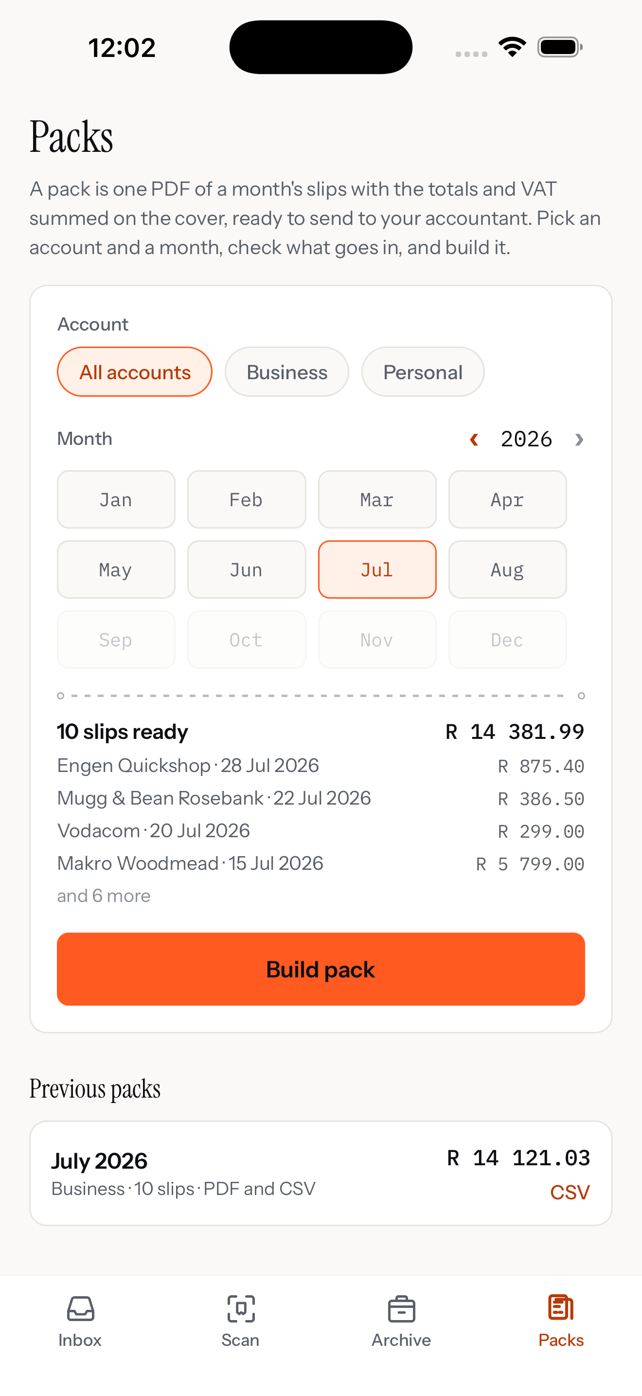 The Slipsort packs screen with a month selected and its slips ready