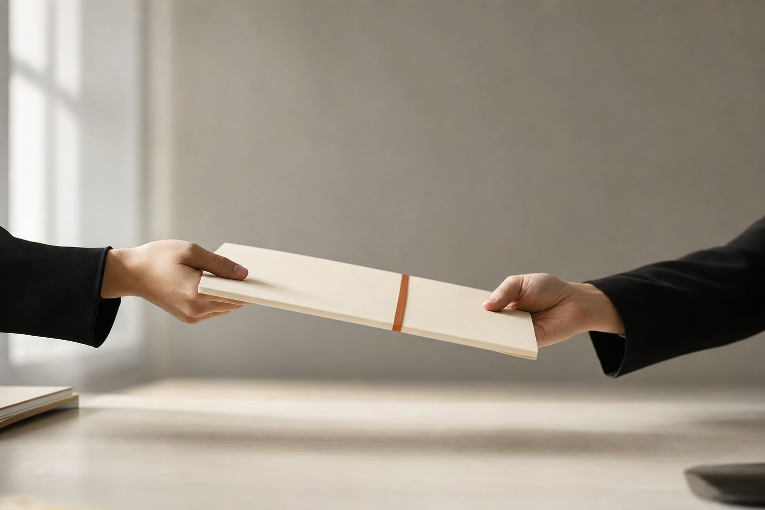 Two hands exchanging a single crisp document folder with an orange band across a desk