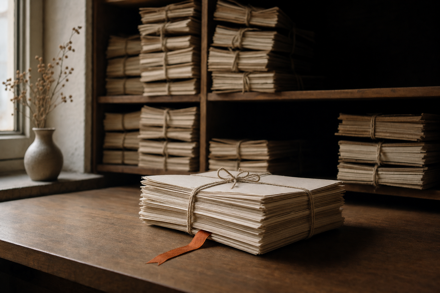 Bundles of paper records tied with string on wooden shelves, one pulled forward with an orange ribbon