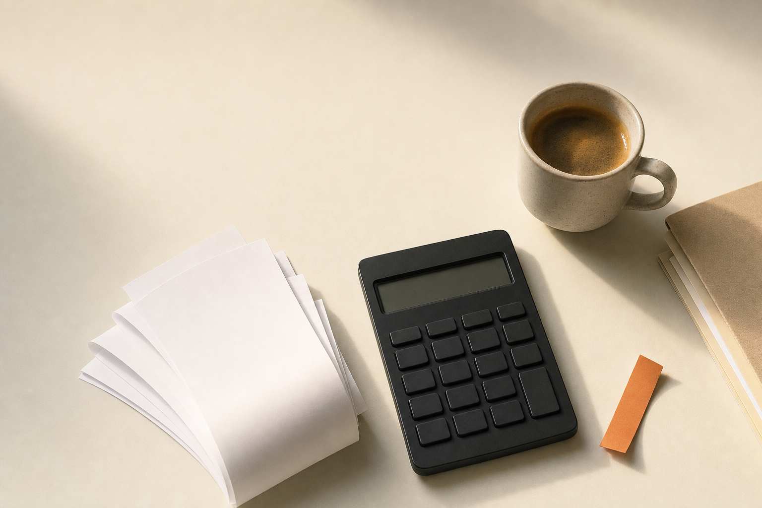 An accountant's desk from above with a fan of slips, a calculator and an espresso cup
