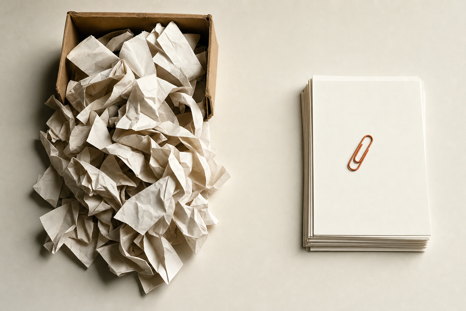 A messy heap of curled slips spilling from a shoebox beside one perfectly neat stack