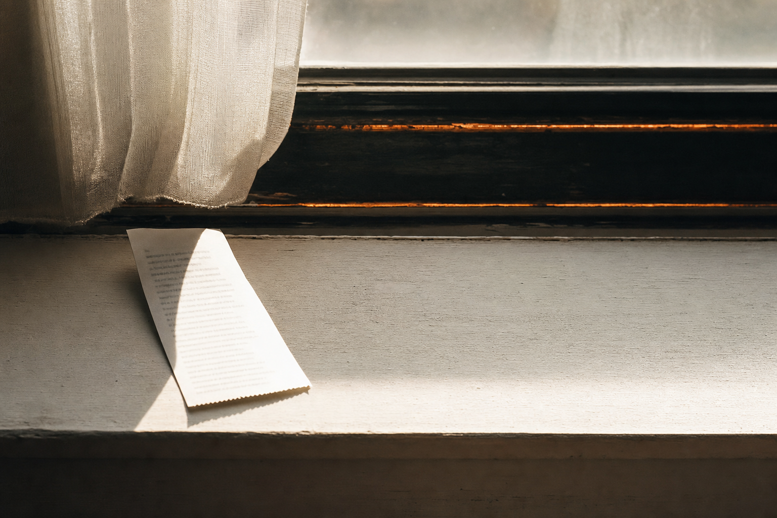 A till slip on a sunlit windowsill, half of its print already washed out to blank