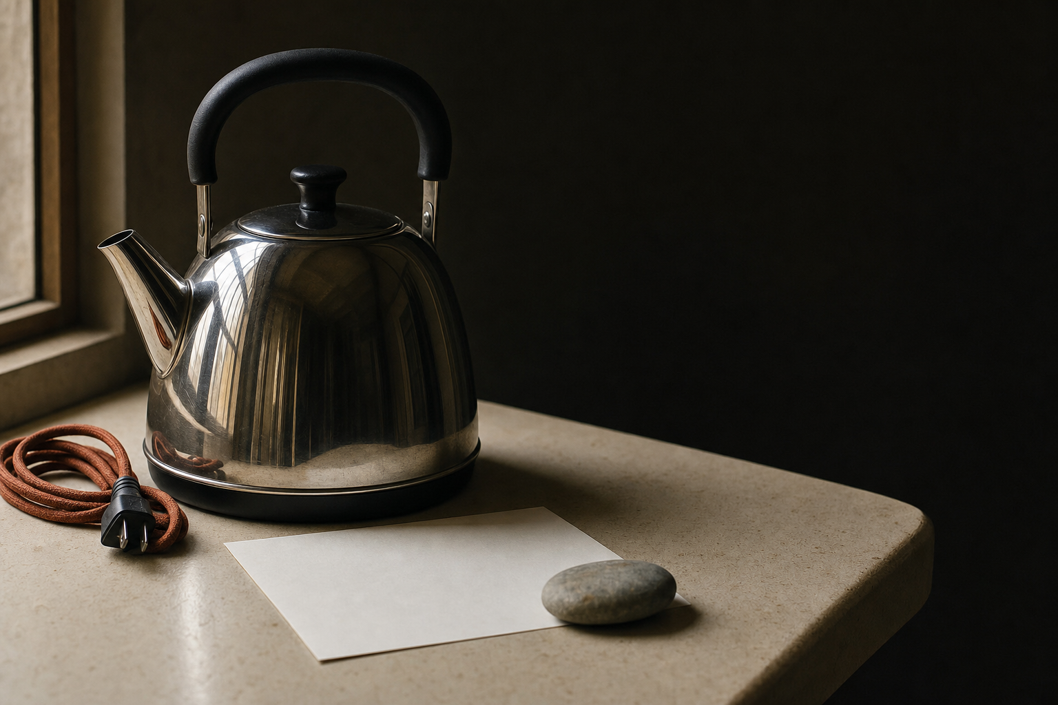 A kettle on a counter beside a flattened slip held down by a smooth stone