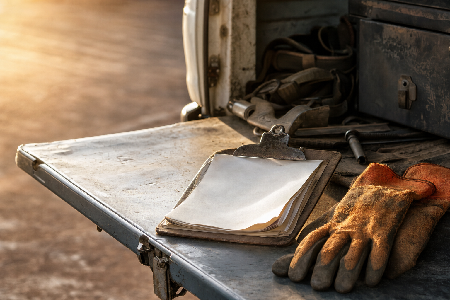 A metal clipboard of slips and an orange work glove on a bakkie tailgate in late light
