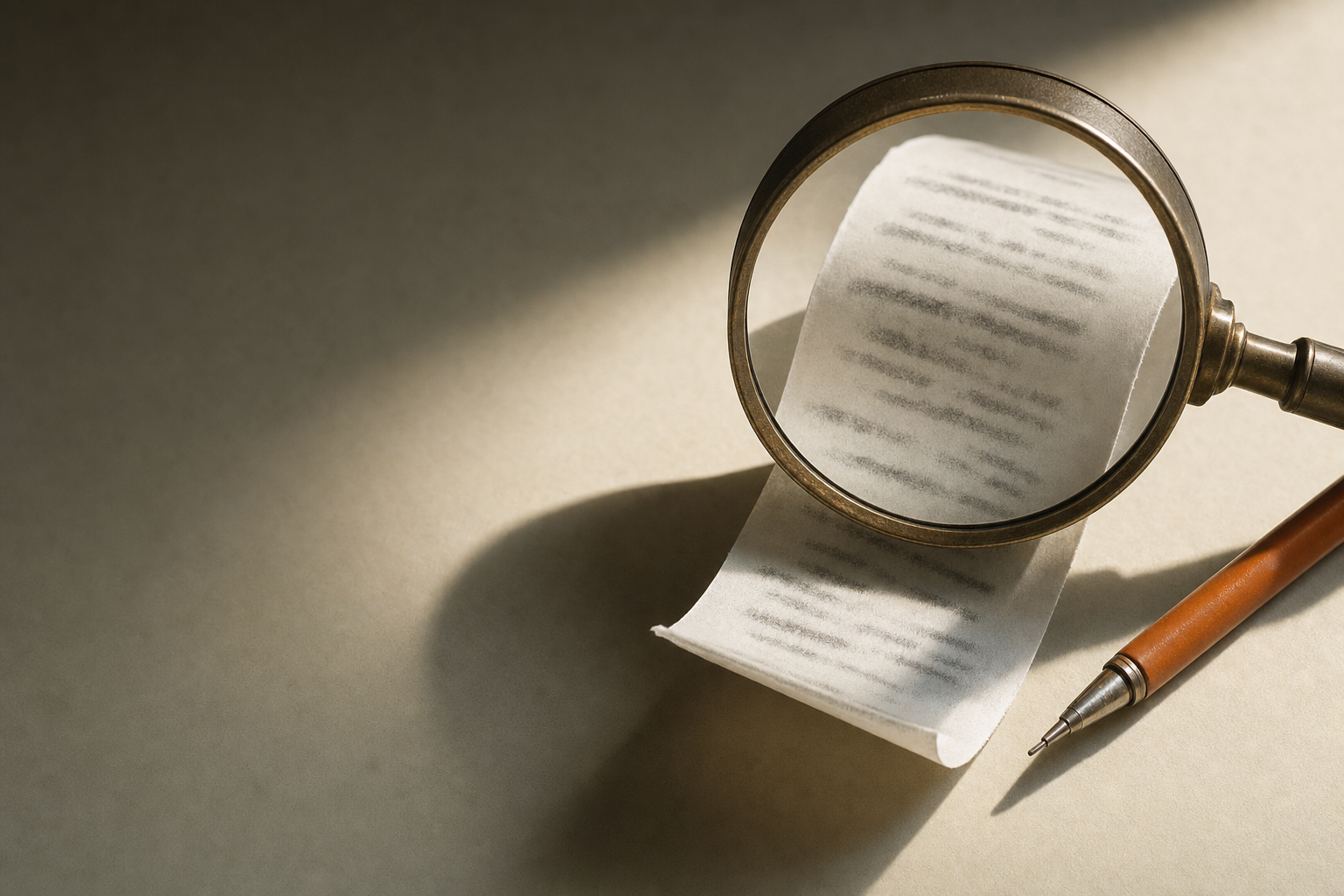 A curled till slip examined under a brass magnifying loupe beside an orange pencil